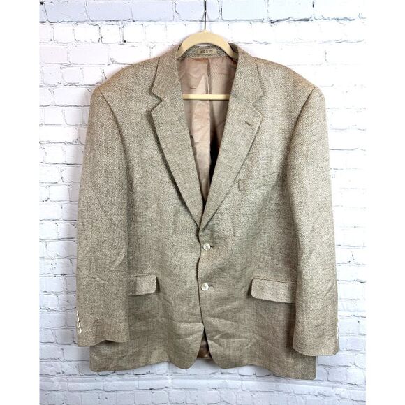 STAFFORD beige chevron 100% silk mens suit jacket blazer 48R